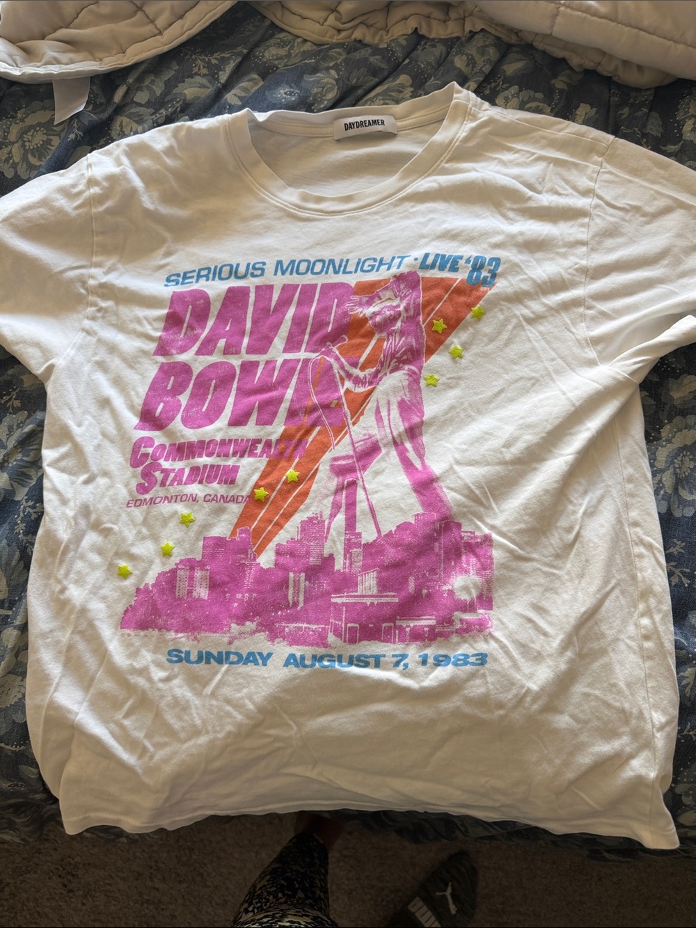 Daydreamer White David Bowie Graphic Tee with Pink & Blue Print
